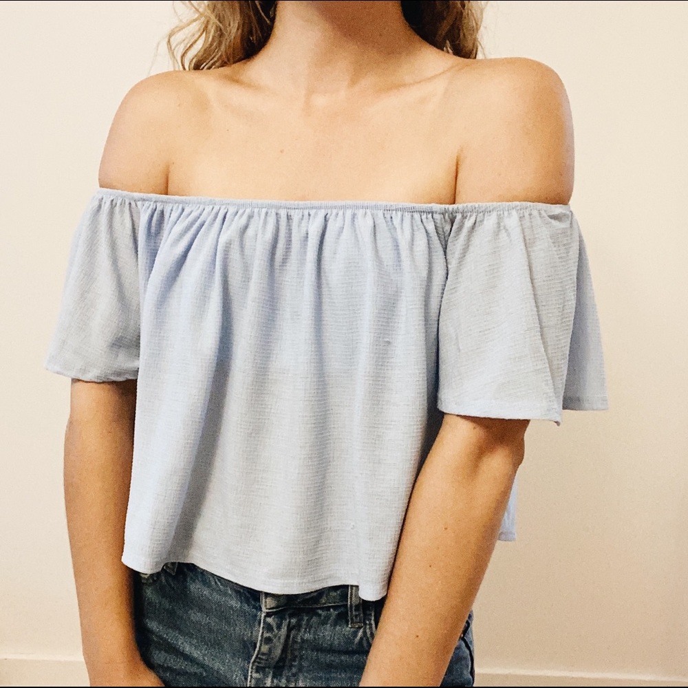 Blue Bershka off the shoulder top